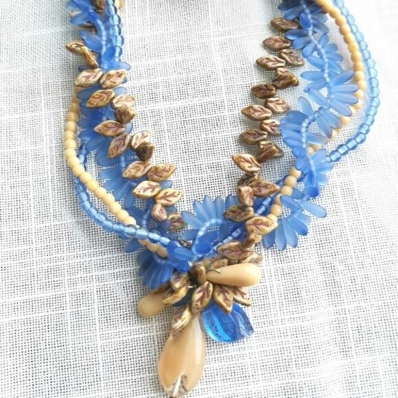 Vintage Czech Art Glass Fire Polished Bead Necklace Blue Beige - Picture 2 of 4